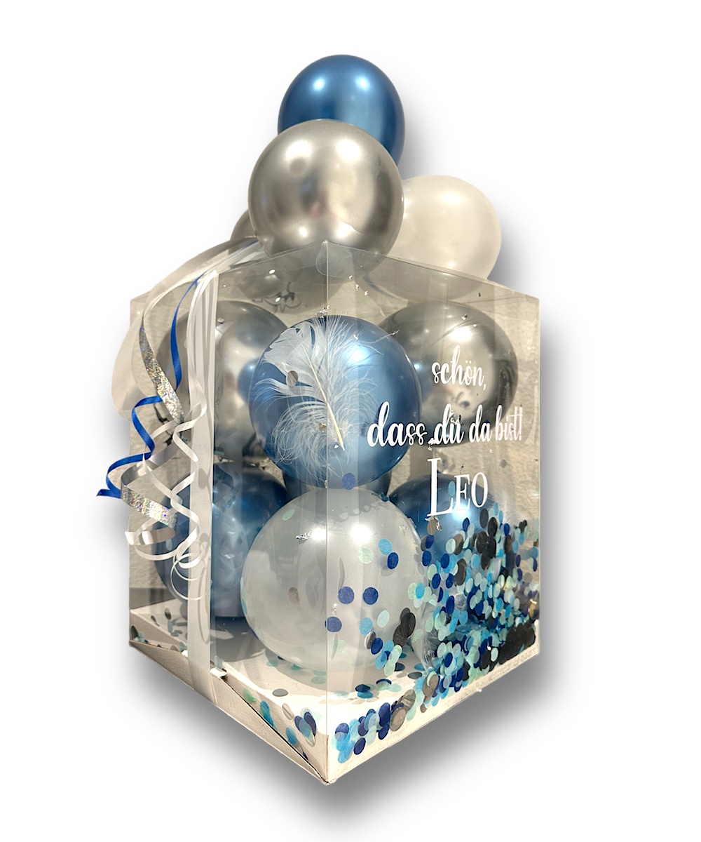 Ballonbox Blue and White inkl. Personalisierung